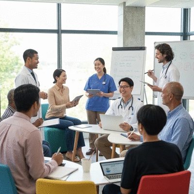 Diverse group of people in a community workshop learning about health services