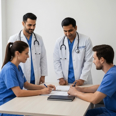 Healthcare team collaborating around a table, illustrating teamwork and personalized care, no text, no words, no typography, clean image, 8K