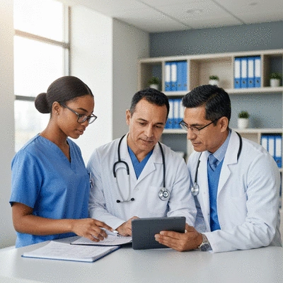 Diverse healthcare professionals collaborating in a modern clinic setting, discussing patient charts with a tablet, bright and clean environment, no text, no words, no typography, 8K