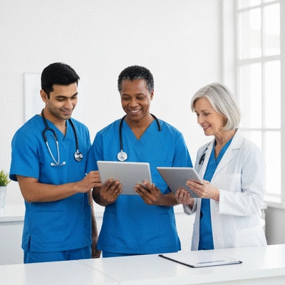 Diverse healthcare professionals in a modern clinic, smiling and looking at a tablet together, representing teamwork and efficiency, no text, no words, no typography, 8K