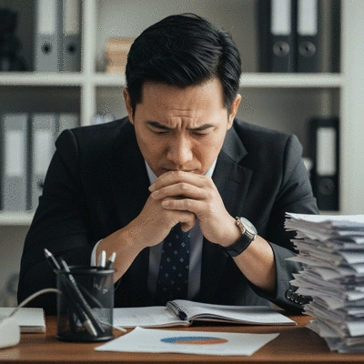 Professional looking stressed at a desk with blurred work documents