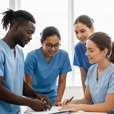 Diverse group of allied health professionals collaborating in a modern clinic setting