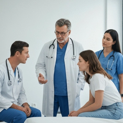 Healthcare professionals collaborating with a patient, reflecting personalized care and interdisciplinary collaboration, no text, no words, no typography, clean image, 8K