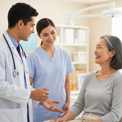 Healthcare professionals interacting with a patient, focusing on patient needs