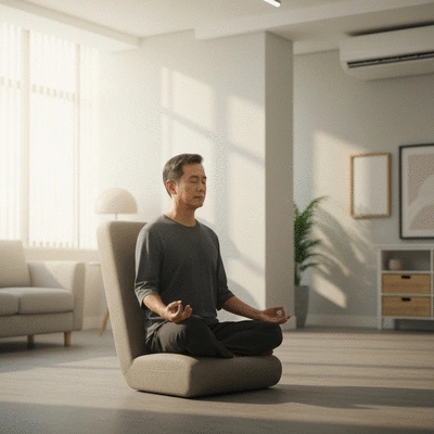 Person meditating in a calm office environment, promoting stress relief