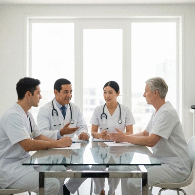 Diverse healthcare professionals collaborating around a table, discussing patient care plans