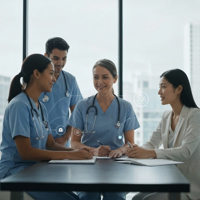 Diverse team of allied health professionals collaborating in a modern clinic setting, with subtle digital elements indicating data sharing, no text, no words, no typography, 8K