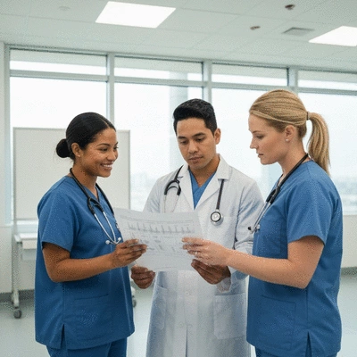 Diverse healthcare professionals collaborating in a hospital setting