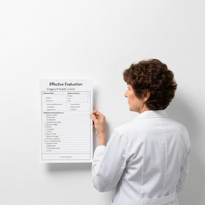 Person holding a checklist with medical items, representing effective evaluation for integrated health clinics, clean, modern, no text, no words, no typography, 8K