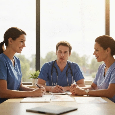 Diverse allied health professionals collaborating in a modern clinic setting