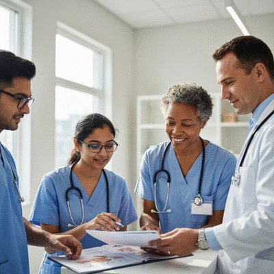 Healthcare professionals collaborating around a patient chart