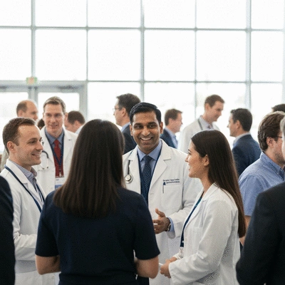 Professional attending a healthcare conference and networking with peers