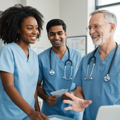 Diverse group of allied health professionals collaborating and smiling in a modern clinic setting