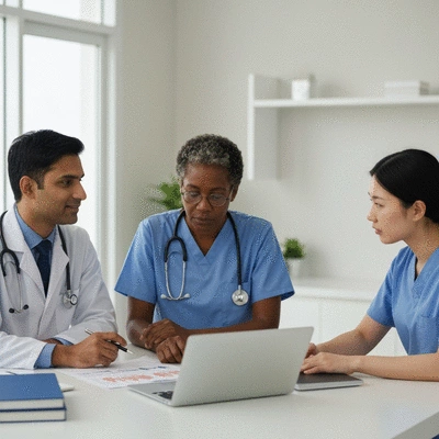 Diverse health professionals collaborating around a table with medical charts and a laptop, in a modern, brightly lit clinic setting, no text, no words, no typography, no labels, clean image