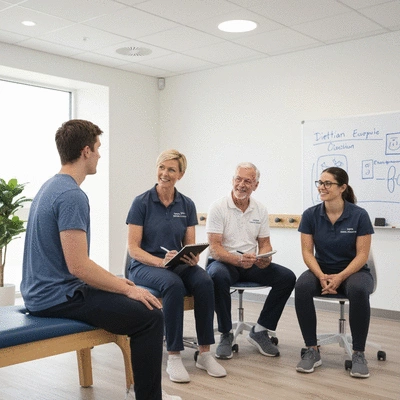 Patient consulting with a physiotherapist, dietitian, and exercise physiologist, showing a collaborative and supportive environment, natural lighting, no text, no words, no typography, no labels, clean image