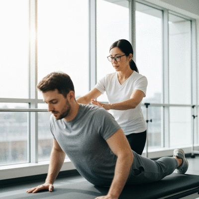 Physical therapist working with a patient on rehabilitation exercises in a modern clinic setting