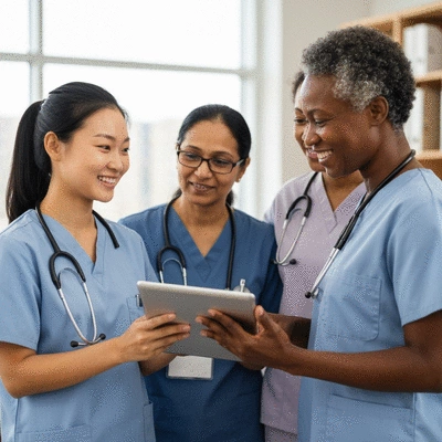 Diverse group of allied health professionals collaborating in a modern clinic setting