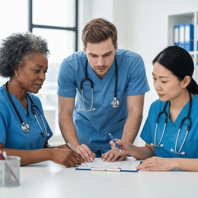 Allied health professionals collaborating on patient care, diverse team, modern clinic setting, bright and professional