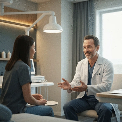 Patient discussing health with a doctor in a modern clinic