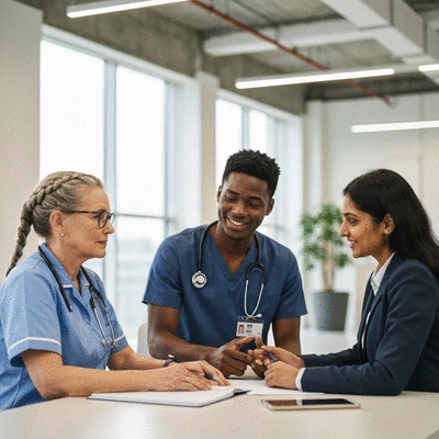 Diverse group of allied health professionals collaborating and discussing a patient's care plan in a modern clinic setting