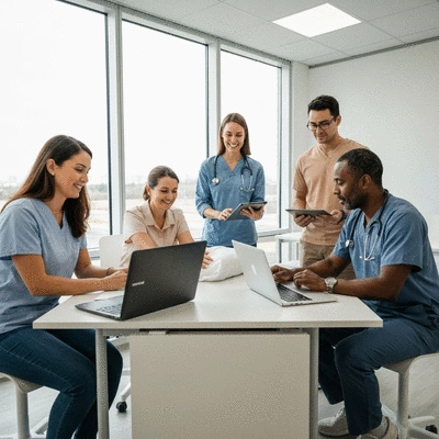 Diverse group of allied health professionals collaborating in a modern clinic setting