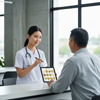 Dietitian consulting with a patient in a modern clinic setting, discussing a personalized nutrition plan, with a tablet showing dietary information, no text, no words, no typography, clean image, 8K