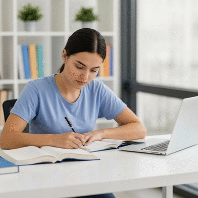 Young student studying allied health textbooks and laptop, focused and determined