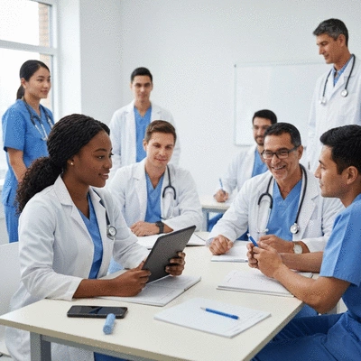 Healthcare professionals in a training session, focused on communication skills, diverse group, interactive learning