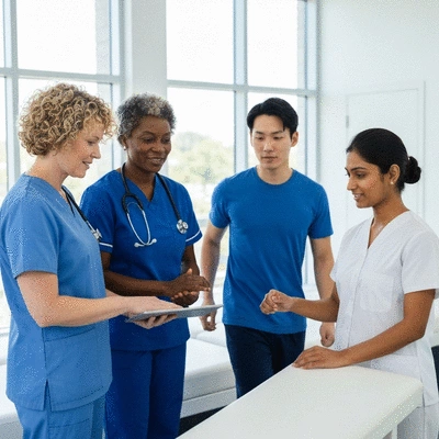 Team of diverse healthcare professionals collaborating