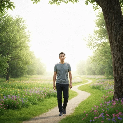 Person walking on a path surrounded by nature, symbolizing a wellness journey towards a balanced lifestyle