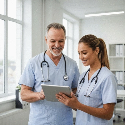 Healthcare professionals reviewing research data on a tablet, symbolizing future directions